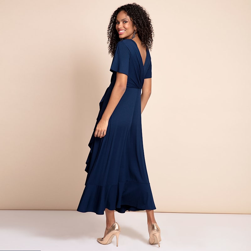 Petite Waterfall Midi Dress In Navy Blue | Alie Street London
