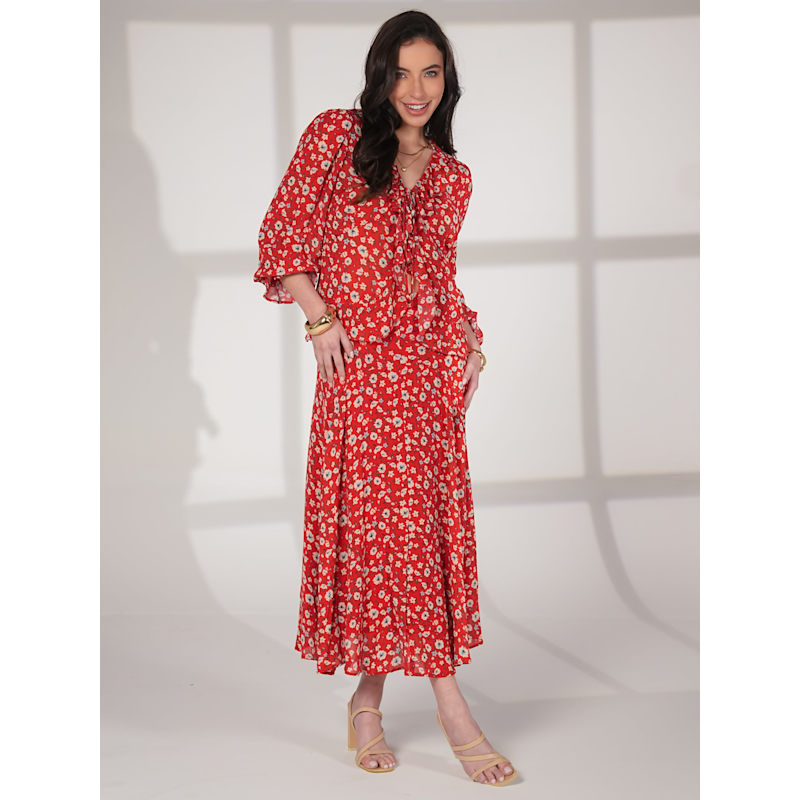 Philippa Red Floral Print Midi Skirt | Rose & Nancy | Wolf & Badger
