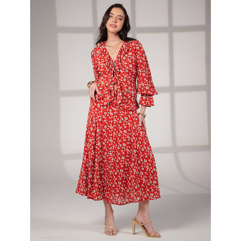 Thumbnail of Philippa Red Floral Print Ruffle Blouse image