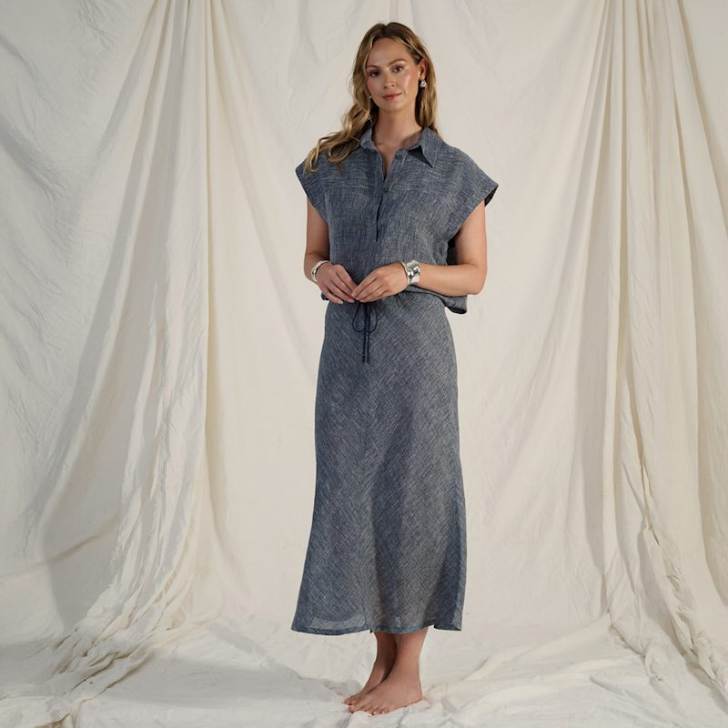 Thumbnail of Phoebe Luxe Linen Drawstring Skirt - Indigo image