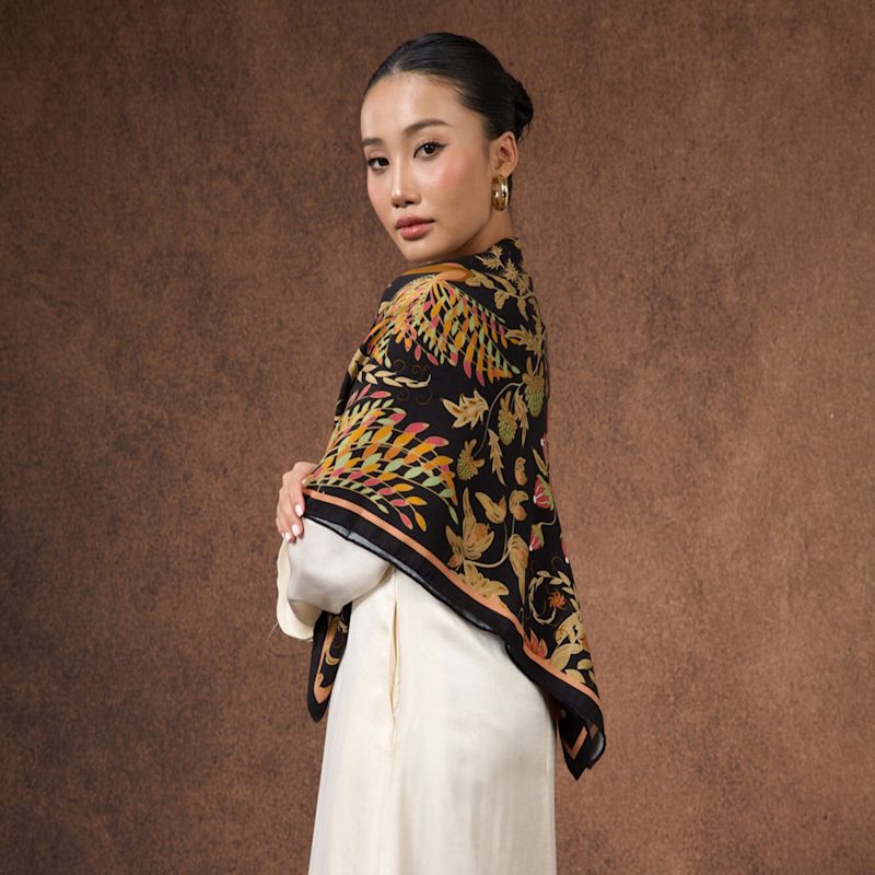 Thumbnail of Phoenix Garden Wool Silk Scarf – Black Floral Wrap, Hand-Rolled Hem, Winter Gift image