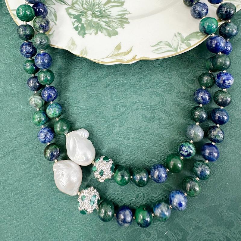 Thumbnail of Phoenix Lapis With Baroque Pearls Double Strands Statement Necklace image