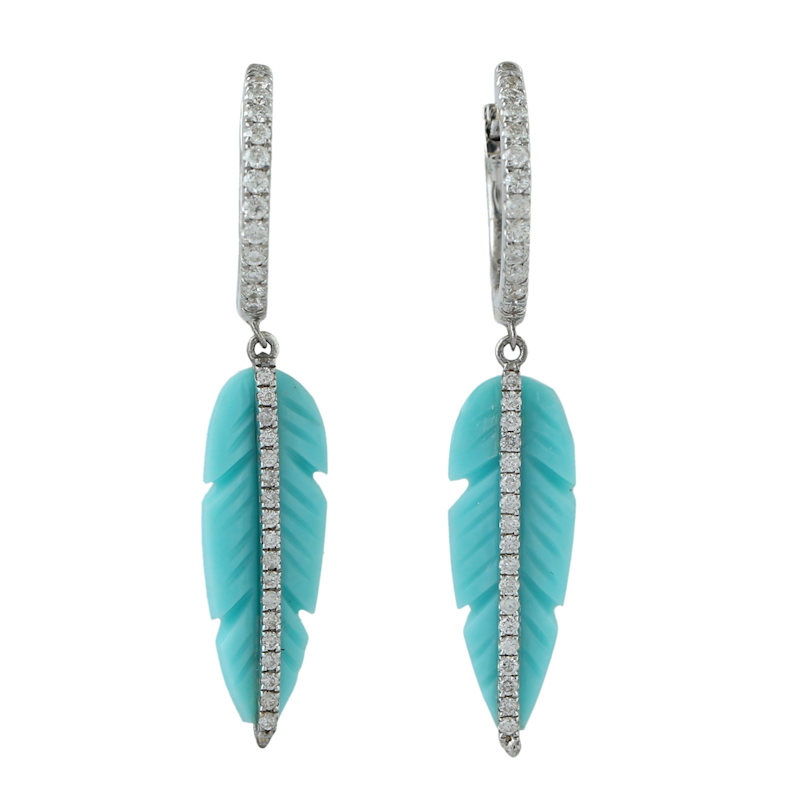 Thumbnail of Carved Turquoise & Diamond Feather Drop Earrings in 18k White Gold image