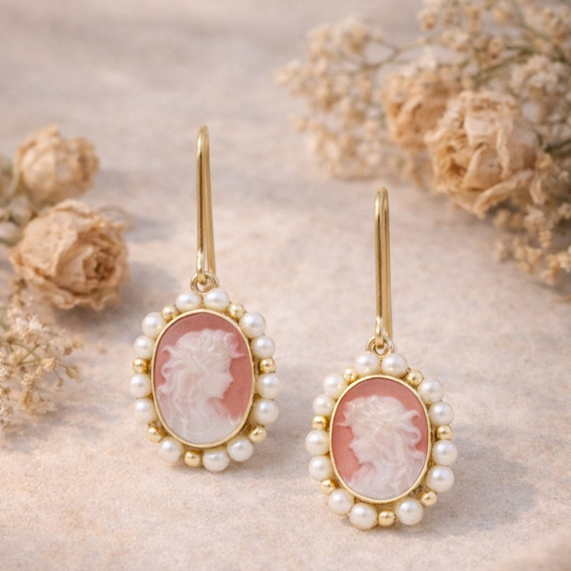Thumbnail of Pink Cameo Earrings With Pearls Little Lovelies image