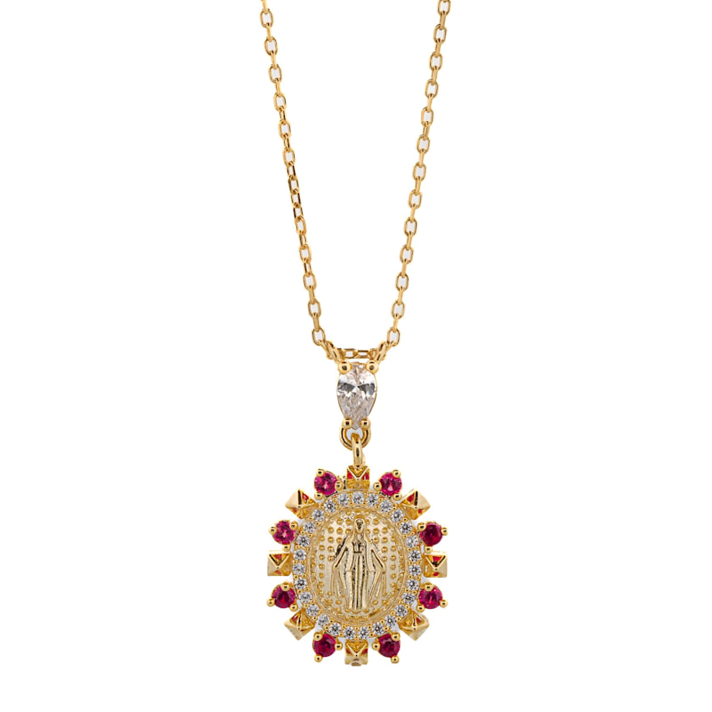 Thumbnail of Ruby & Diamond Virgin Mary Pendant Gold Chain Necklace - Gold image