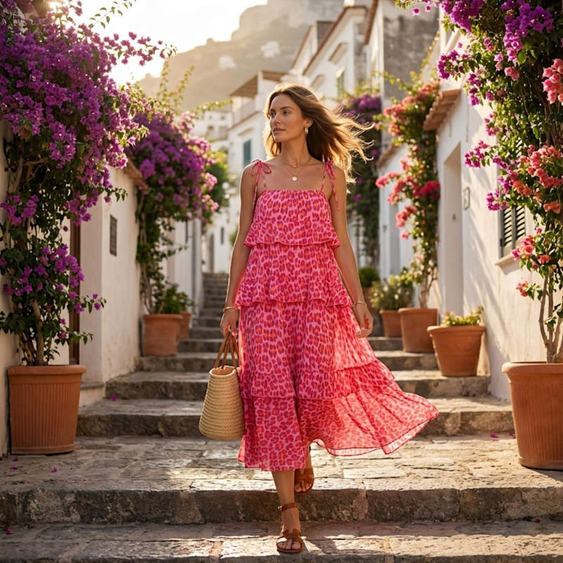 Thumbnail of Pink Leopard Print Tiered Maxi Dress image