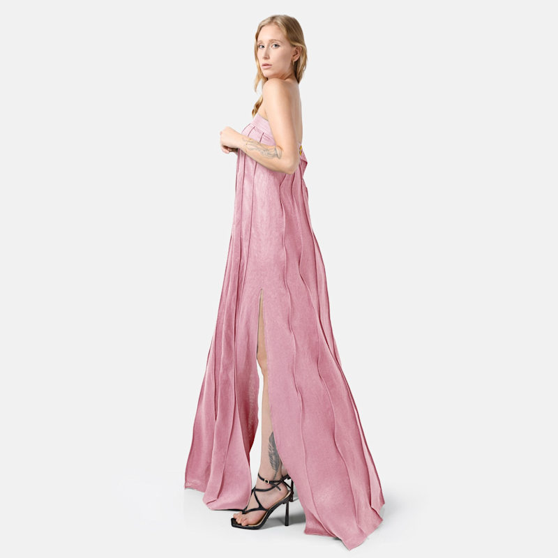 Pink Linen Maxi Dress  Designer Strapless Gown With Pleated Detail |  Kargede | Wolf & Badger