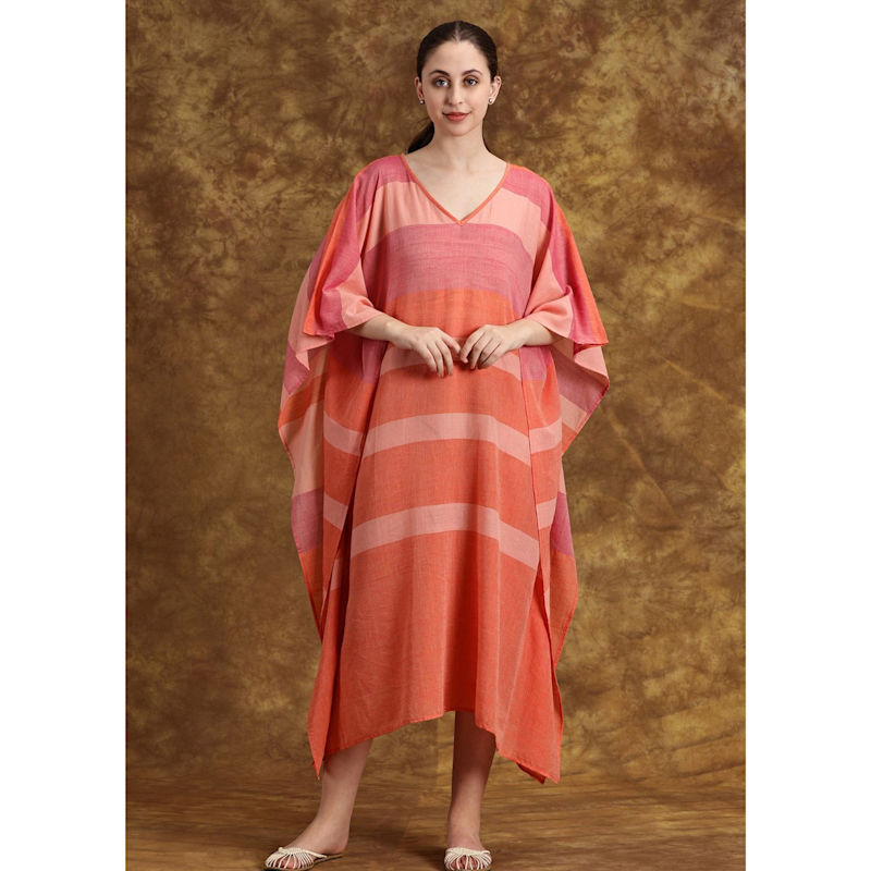 Heritagemoda Pink & Orange Sheer Cotton Kaftan Dress  Lightweight & Breezy Resort Wear - Orange/Pink