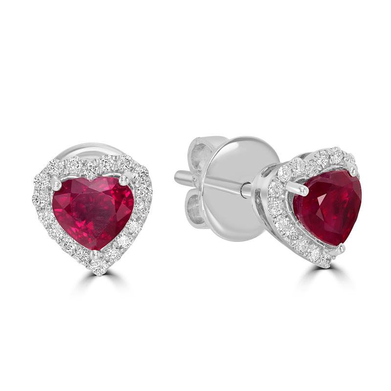 Thumbnail of Heart Shape Ruby & Diamond Halo Stud Earrings in 18K White Gold image