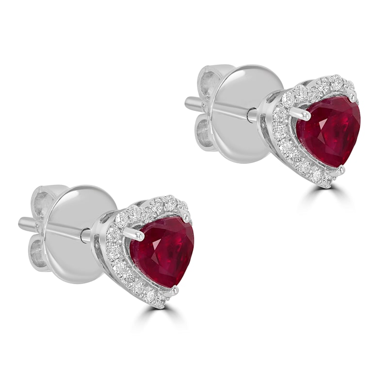 Thumbnail of Heart Shape Ruby & Diamond Halo Stud Earrings in 18K White Gold image