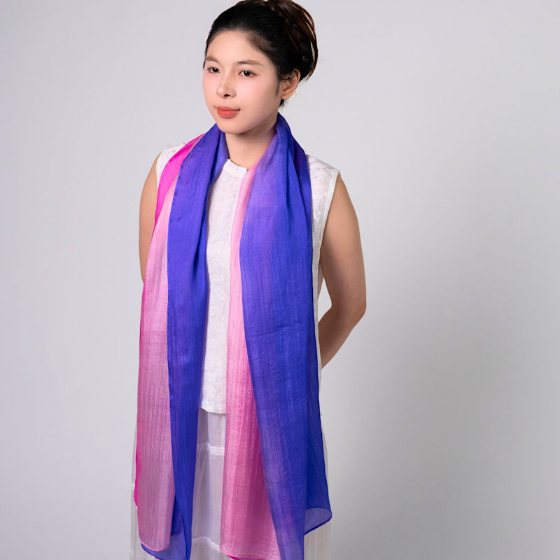 Pink and Blue Silky Scarf Hand-painted Peony Silk Scarf: Blush Pink Blue Floral Shawl  main image 3