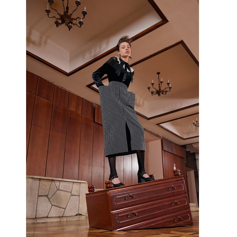 Thumbnail of Pinstripe Midi Skirt With Front Slit Black image