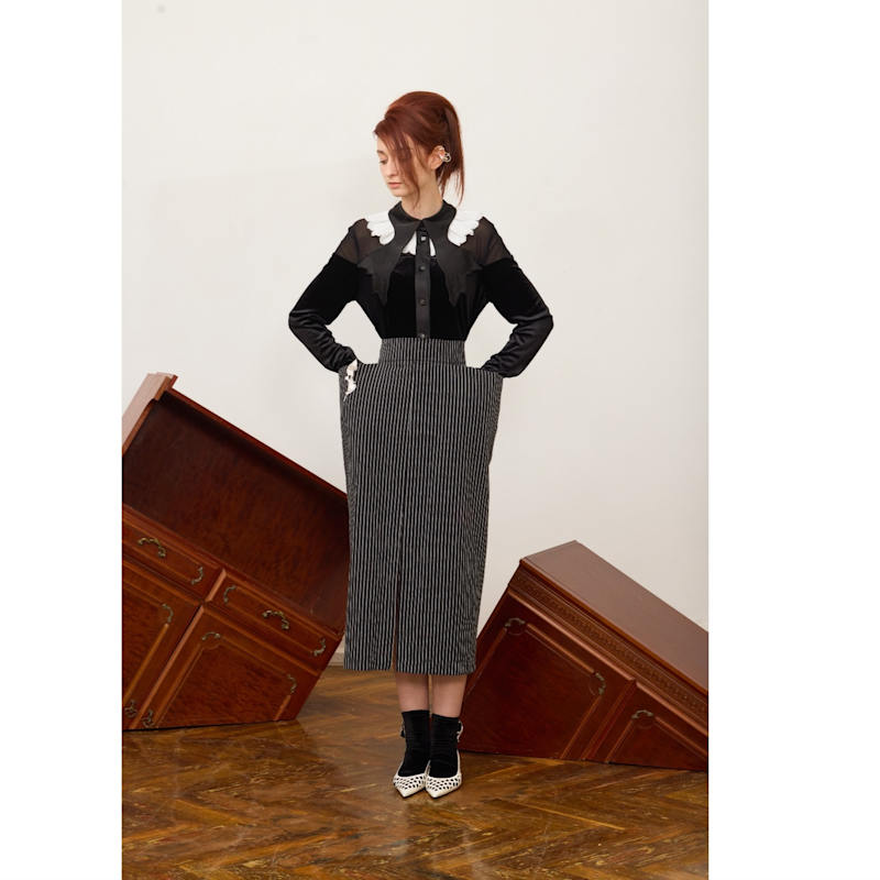 Thumbnail of Pinstripe Midi Skirt With Front Slit Black image
