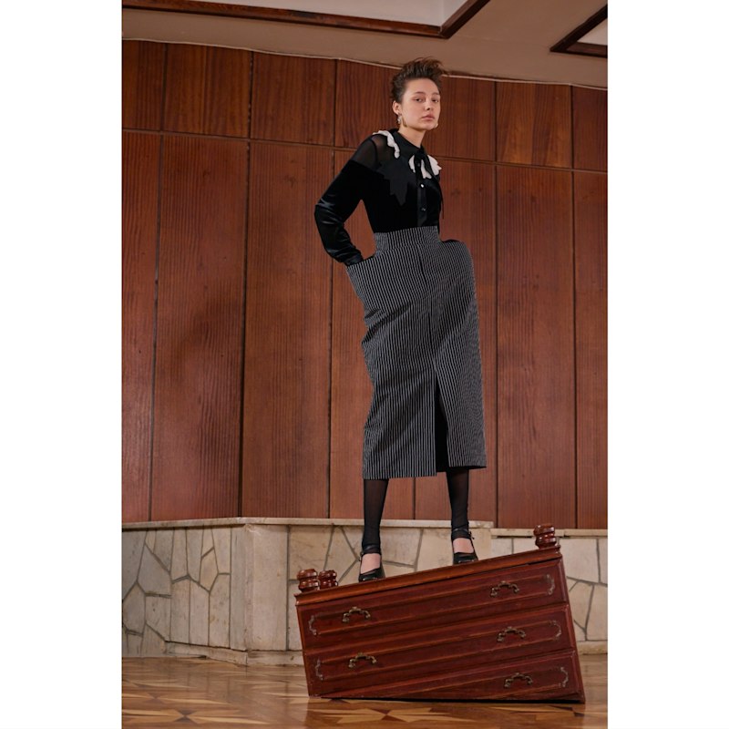 Thumbnail of Pinstripe Midi Skirt With Front Slit Black image