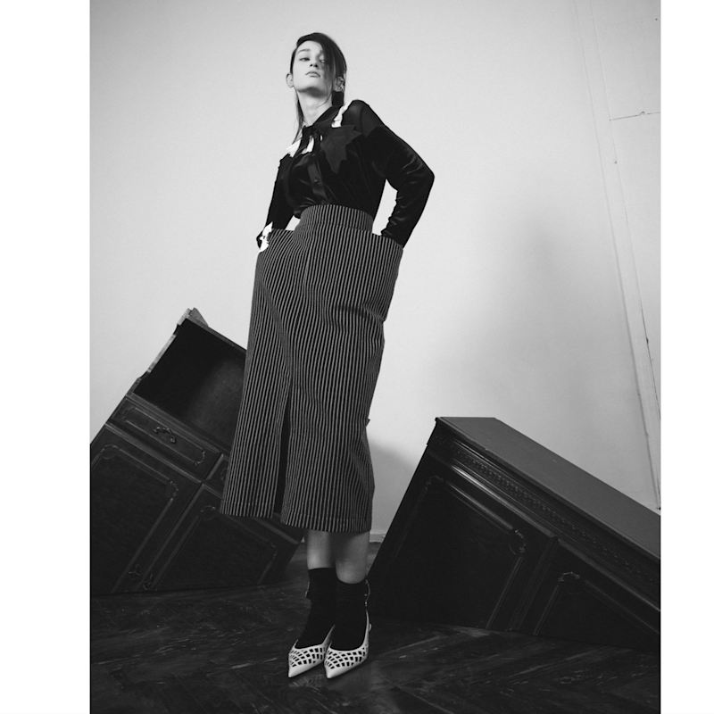 Thumbnail of Pinstripe Midi Skirt With Front Slit Black image