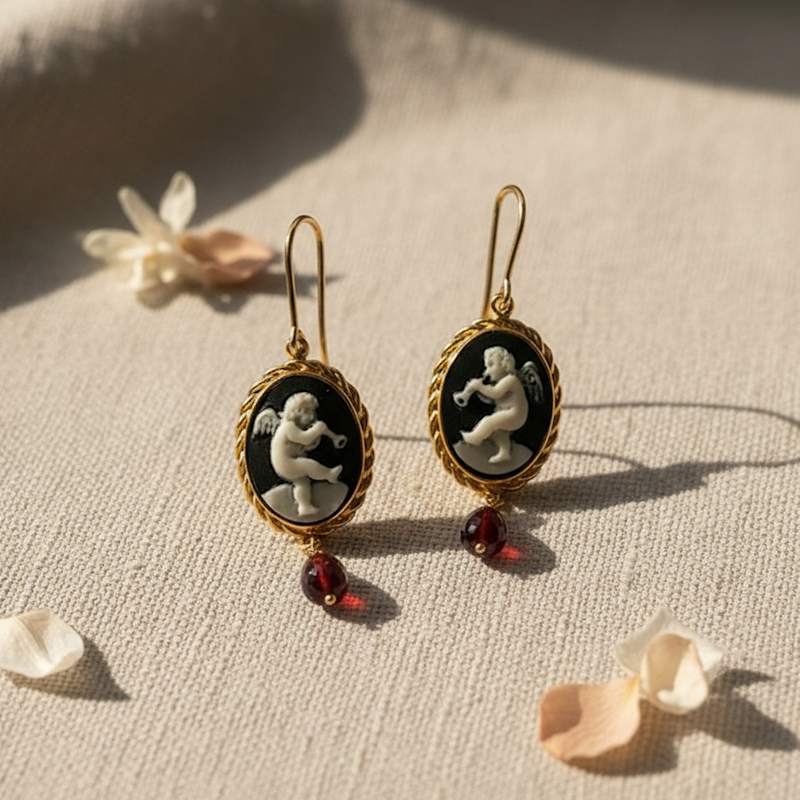 Thumbnail of Playing Angels Cameo And Garnet Earrings image