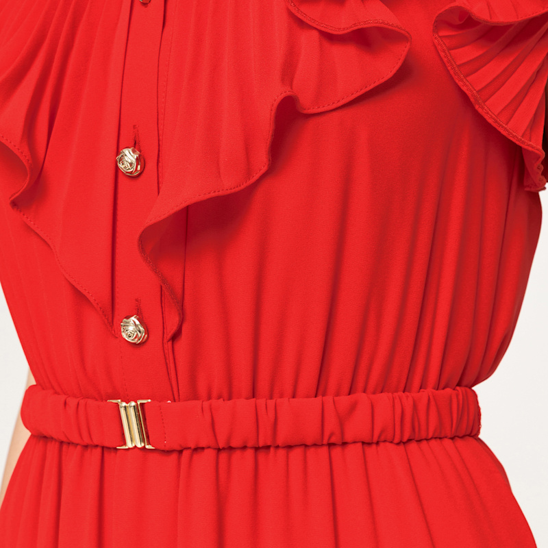 open lace back dress Red and Pink Ruffle Tiered Cut-Out Chiffon Midi Dress