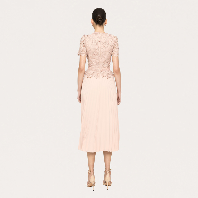 Pleated Lace Midi Dress Pink | Nissa