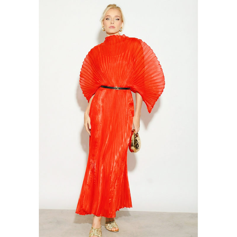 Pleated Long Dress With Organza Pleated Cape Sleeves In Red | CY Boutique |  Wolf & Badger