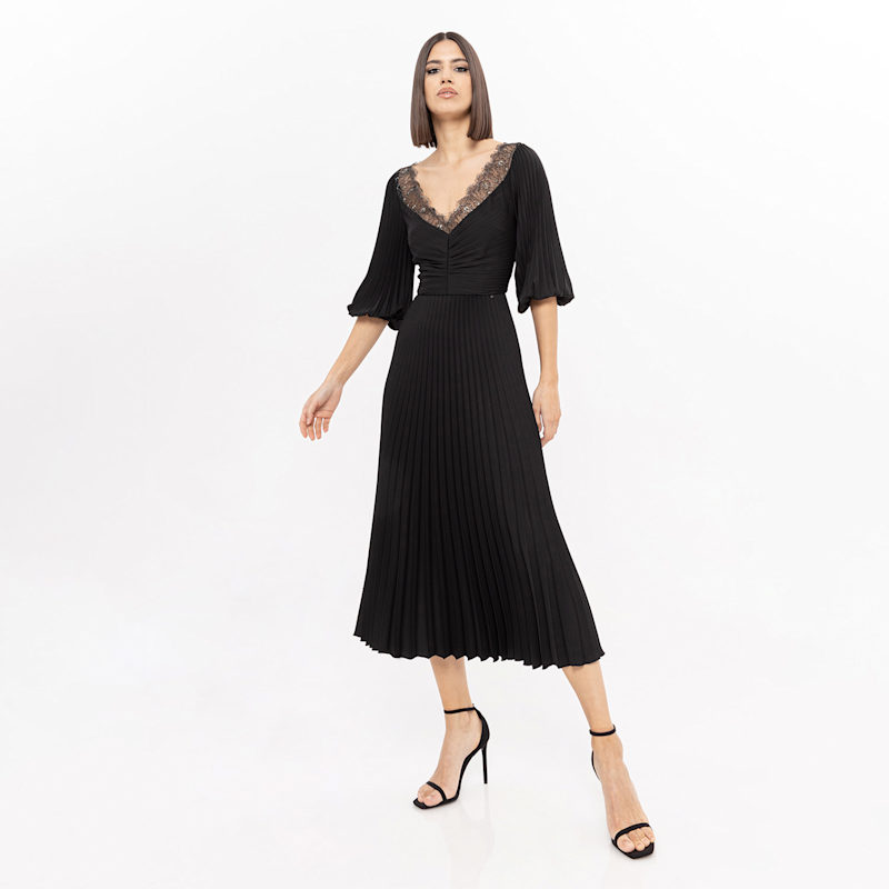 Nissa Pleated Midi Dress - Black