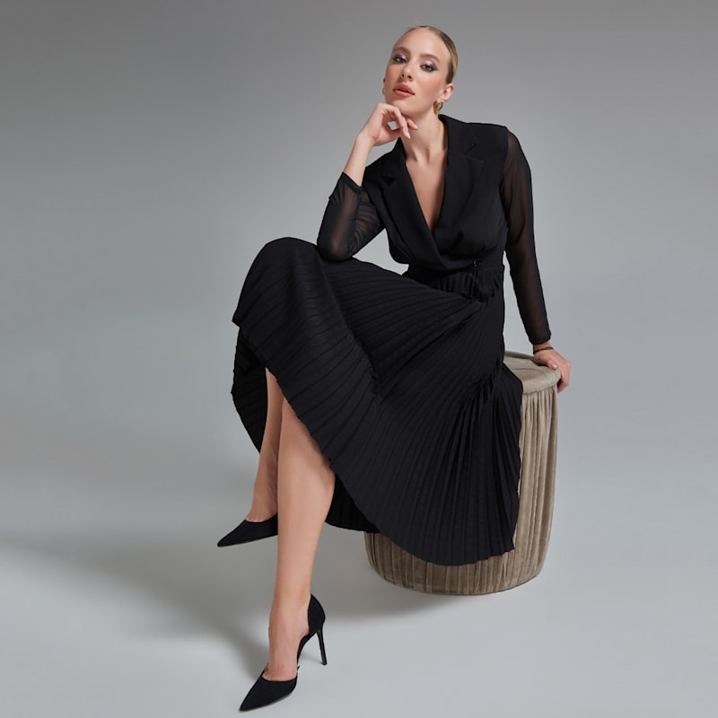 Thumbnail of Pleated Midi Dress With Chiffon Sleeves & Collared Neck image