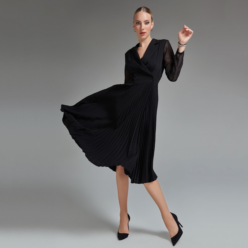 Pleated Midi Dress With Chiffon Sleeves & Collared Neck | Avenue 8 | Wolf &  Badger