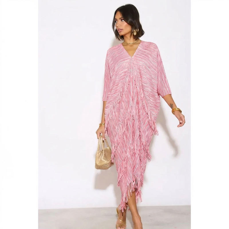Pleated Midi Dress With Layered Tassels And Fringe Detail In Pink | CY  Boutique | Wolf & Badger
