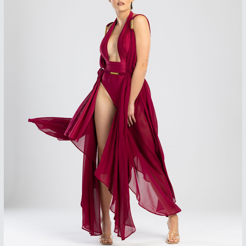 Thumbnail of Plonger Deep Plunge Halter Neck Swimsuit With Decorative Belt In Burgundy image