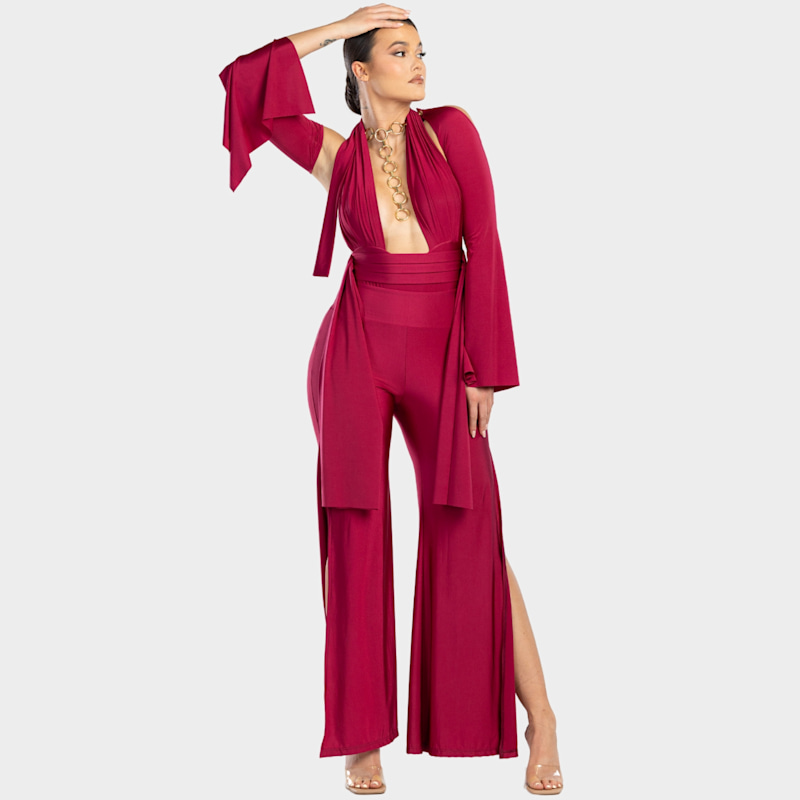 Thumbnail of Plonger Deep Plunge Halter Neck Swimsuit With Decorative Belt In Burgundy image