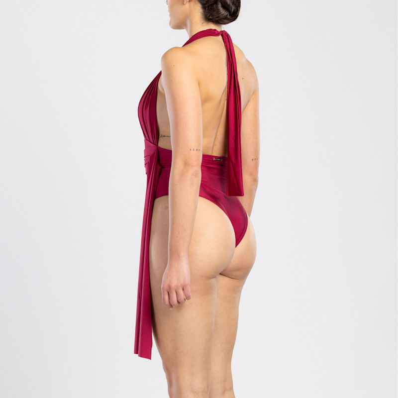 Thumbnail of Plonger Deep Plunge Halter Neck Swimsuit With Decorative Belt In Burgundy image