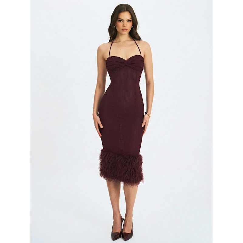 Thumbnail of Pluma Maroon Halter Faux-Fur Trimmed Midi Dress image