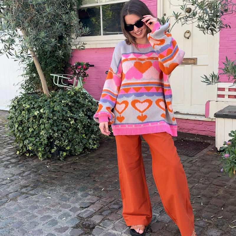 Poppy Heart Intarsia Balloon Sleeve Oversized Jumper - Blue | Cara