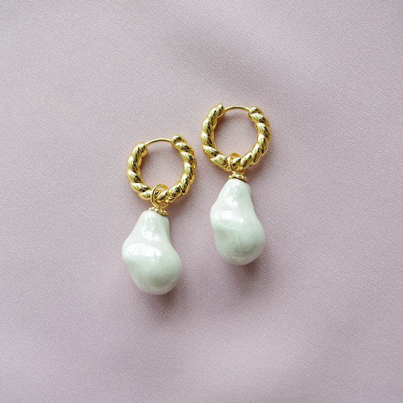 Thumbnail of Porcelain Baroque Pearl Hoop Earrings image