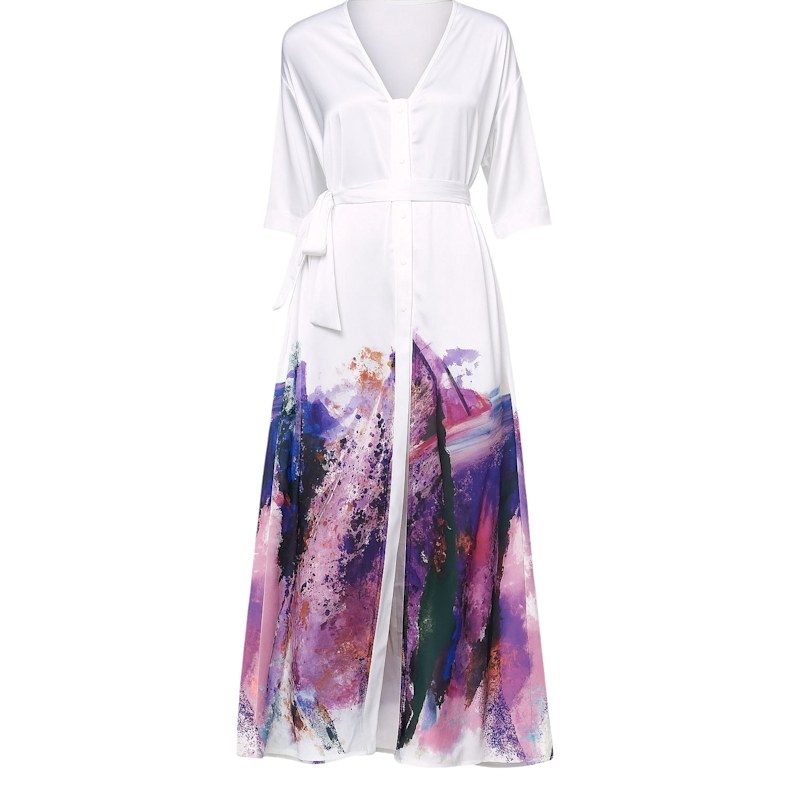 Women's Santorini Dress In Brushstroke Print On Snow White | Small | Zafur