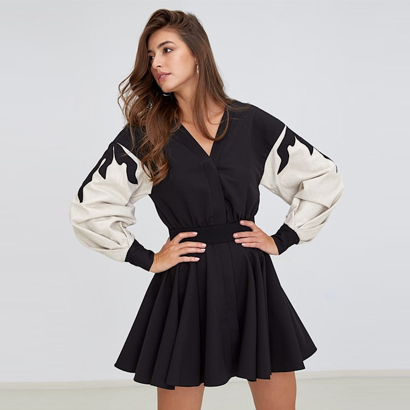 Posy Mini Beige & Black Linen Embroidered Office Dress