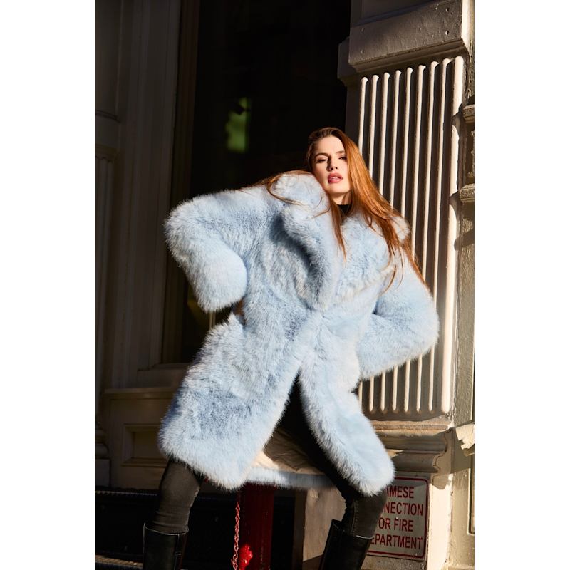 Powder Blue Faux Fox Fur Coat By Dani Watanabe | HARMONIA NY