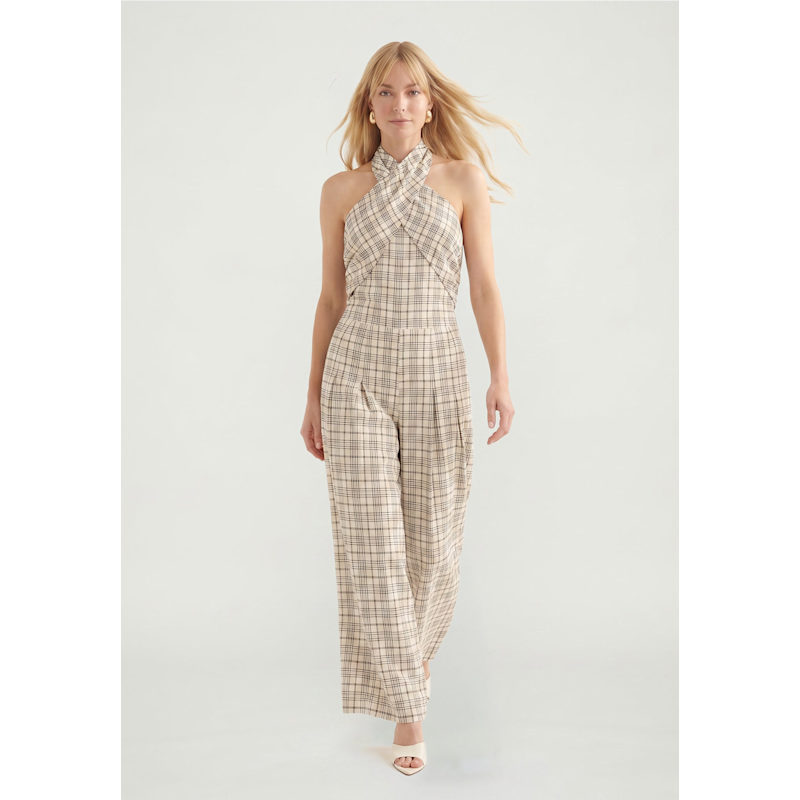Thumbnail of Ardern Halterneck Check Culotte Jumpsuit In Neutral image