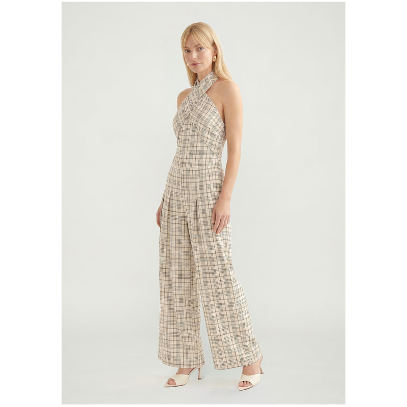 Thumbnail of Ardern Halterneck Check Culotte Jumpsuit In Neutral image