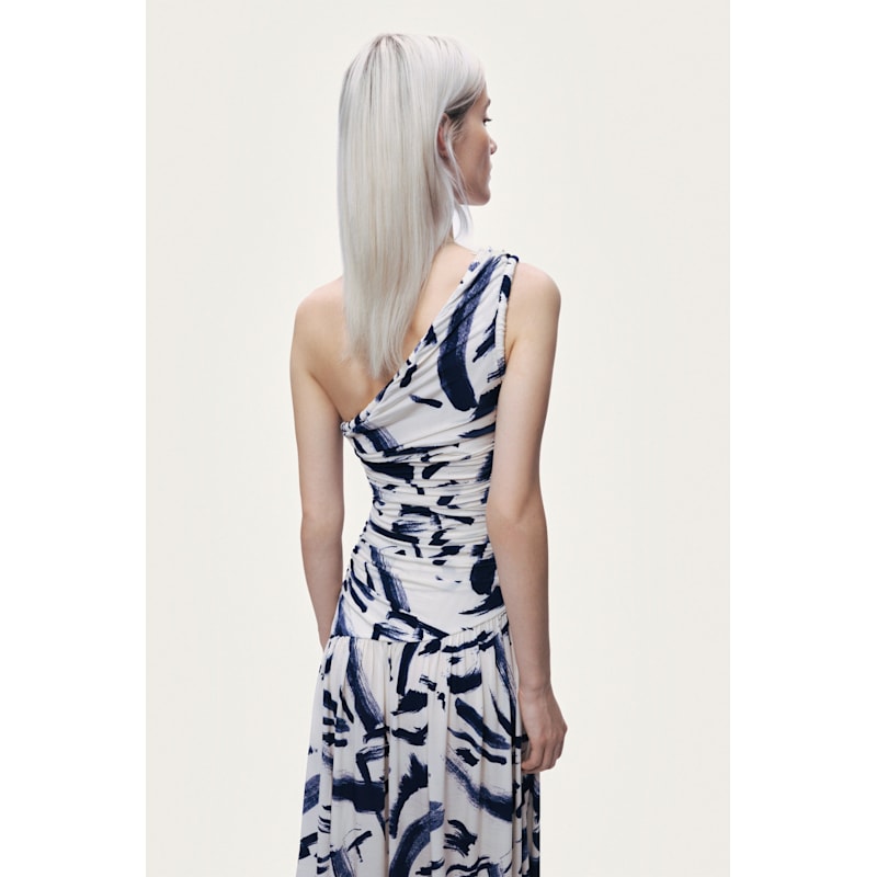 one shoulder draped midi dress Black One-Shoulder Draped Midi Dress L