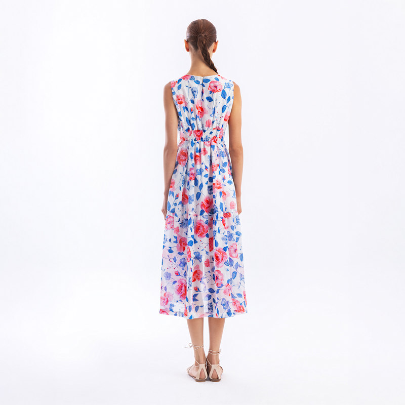 Thumbnail of Printed Silk Blend Maxi Sleeveless Dress With Elastic Back Waist Blue Wild Rose image