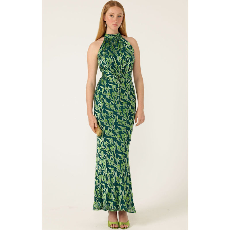 emerald green halter neck dress Jasmine Maxi Dress, in Deep Luxe Satin, Size: XL | Show Me Your Mumu Fabric is very stretchy Women's Green Priscilla Halter Bias
