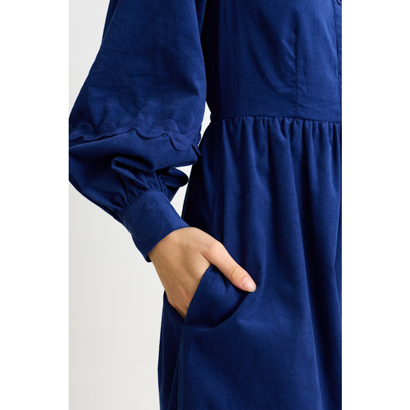 Thumbnail of Prudence Babycord Big Collar Ric Rac Trim Midi Dress - Navy image