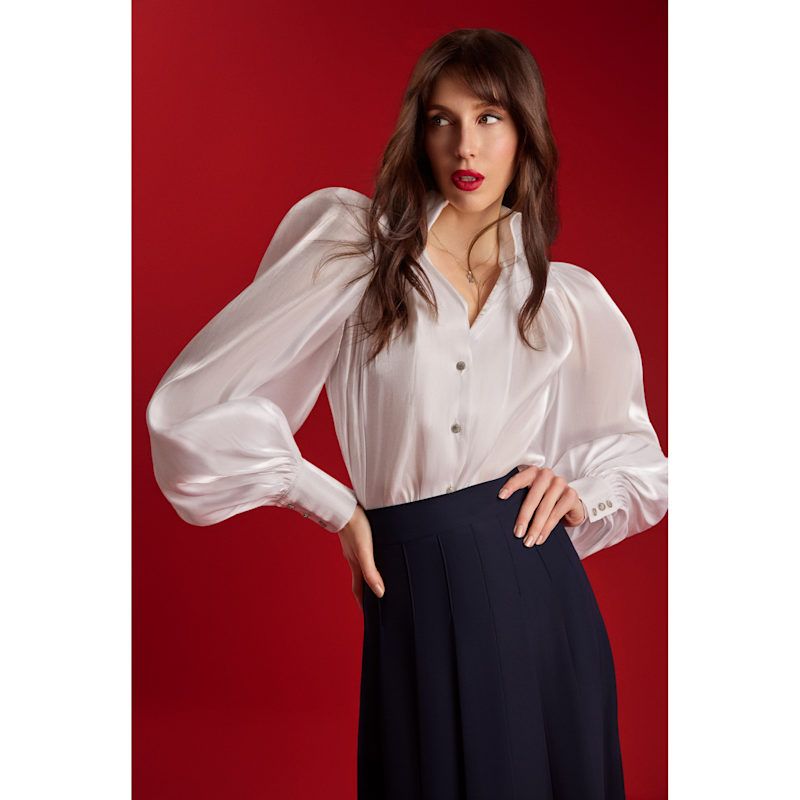 Thumbnail of Puff Sleeve V-Neck Gathered Shirt - Semi Sheer White image