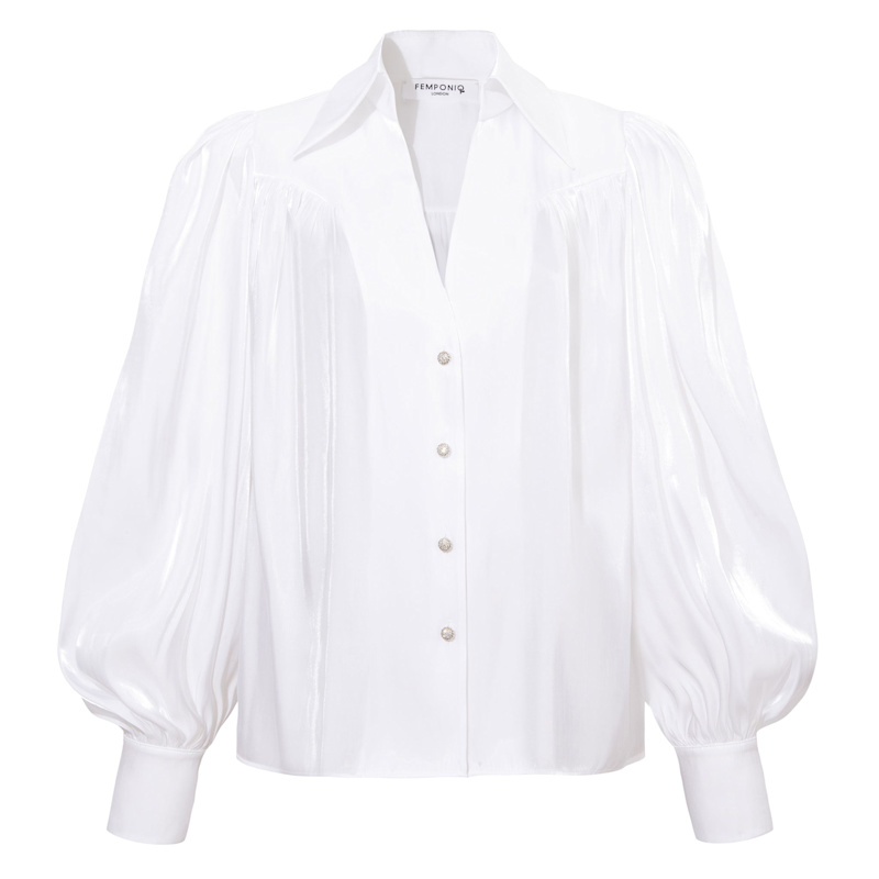 Thumbnail of Puff Sleeve V-Neck Gathered Shirt - Semi Sheer White image