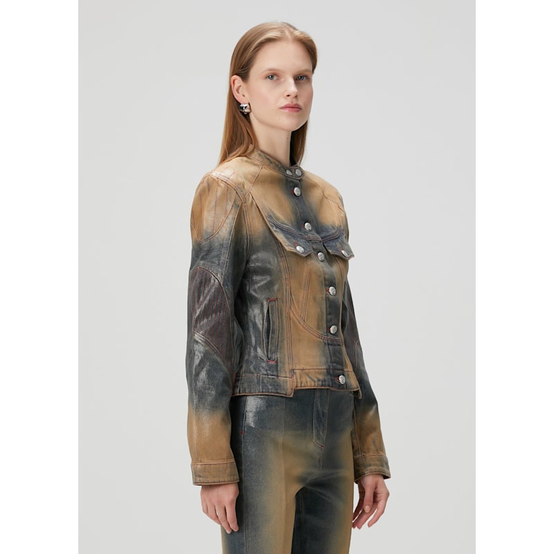 Thumbnail of Pure Cotton Faded Motorcycle Denim Jacket - Blue image