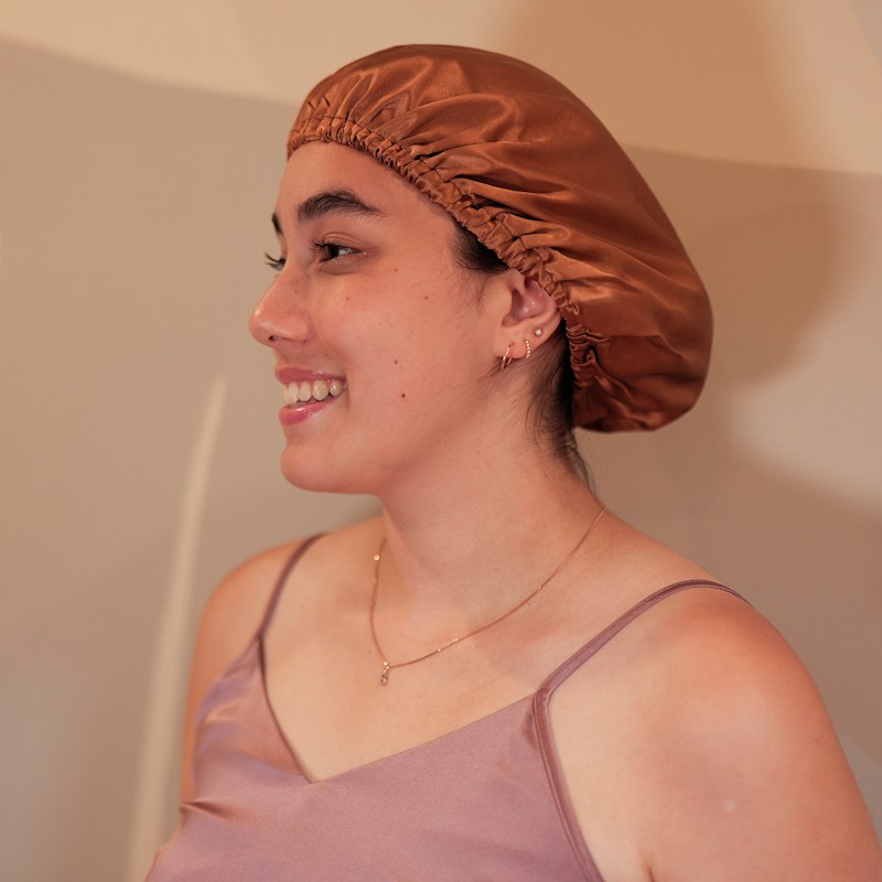 Thumbnail of Pure Mulberry Silk Camel Brown Hair Bonnet | Single Layer With Adjustable Elastic | Sleeping Bonnet Gift image
