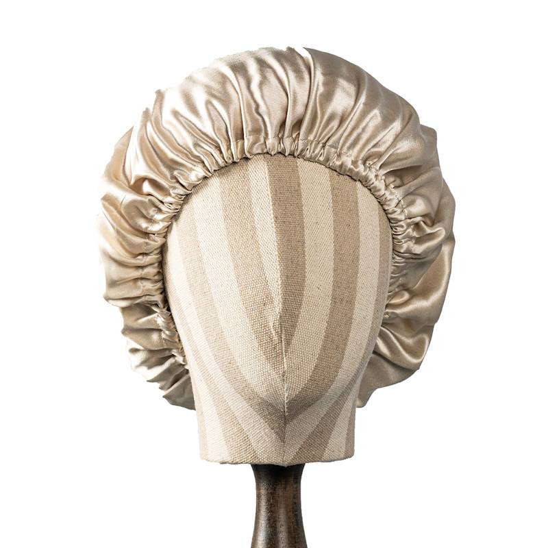 Thumbnail of Pure Mulberry Silk Oatmeal Beige Hair Bonnet | Single Layer With Adjustable Elastic | Sleeping Bonnet Gift image