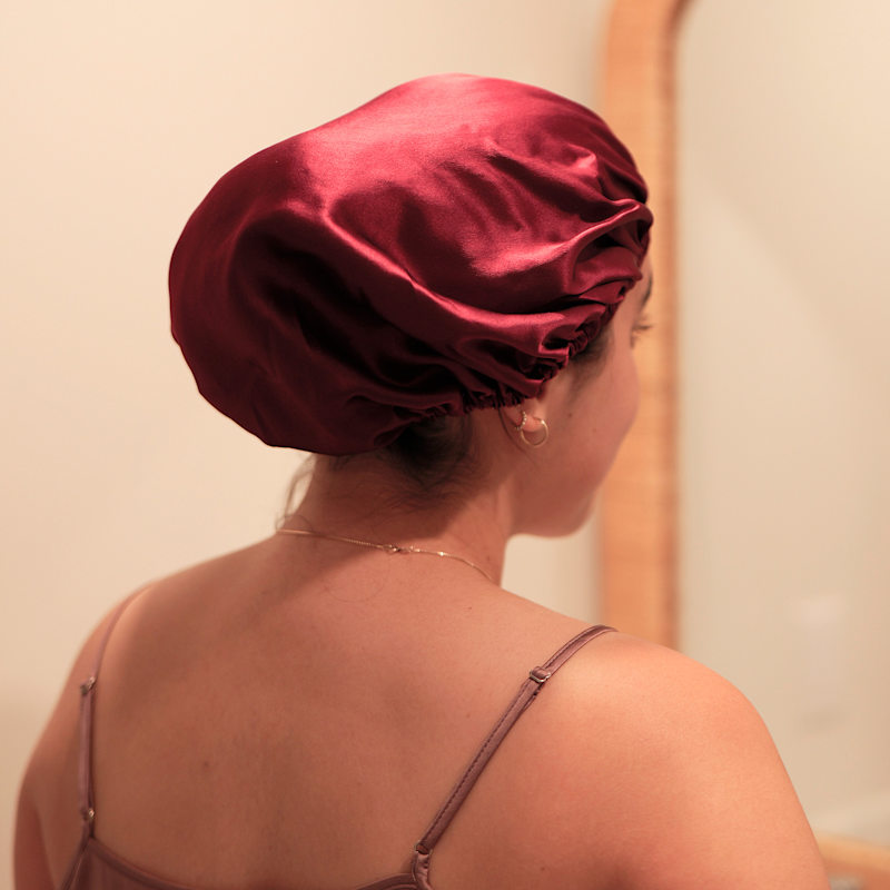 Thumbnail of Pure Mulberry Silk Sangria Red Hair Bonnet | Single Layer With Adjustable Elastic | Sleeping Bonnet Gift image
