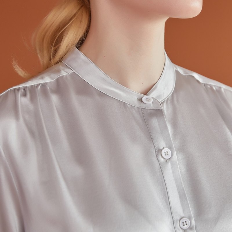Thumbnail of Pure Silk Long Sleeve Banded Collar Blouse | Aeverie image