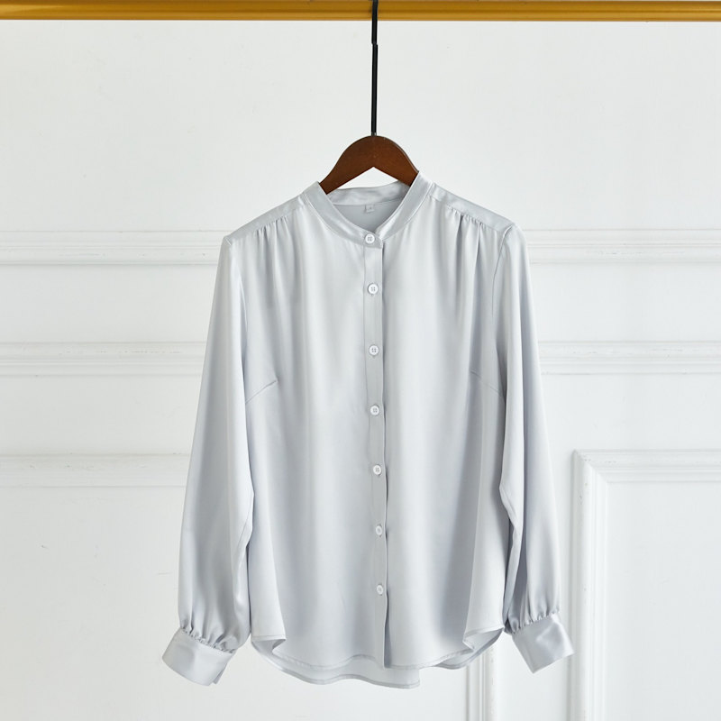 Thumbnail of Pure Silk Long Sleeve Banded Collar Blouse | Aeverie image